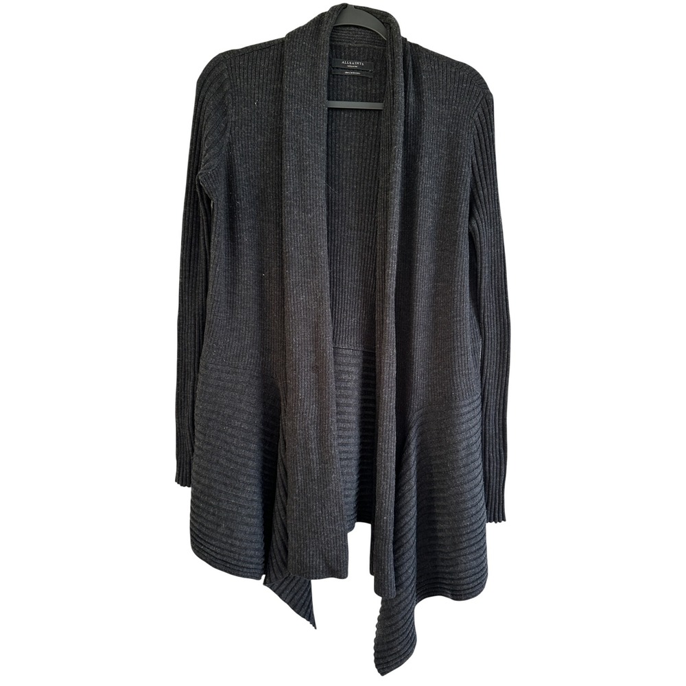 AllSaints Keld Long Cardigan Gray 100% Merino Wool Ribbed Sweater Women Small